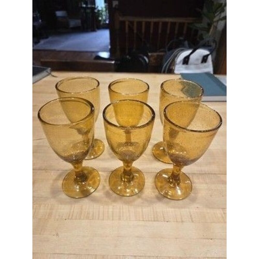 Vintage MCM Amber Hand Blown Bubble Glass Goblets Set of 6